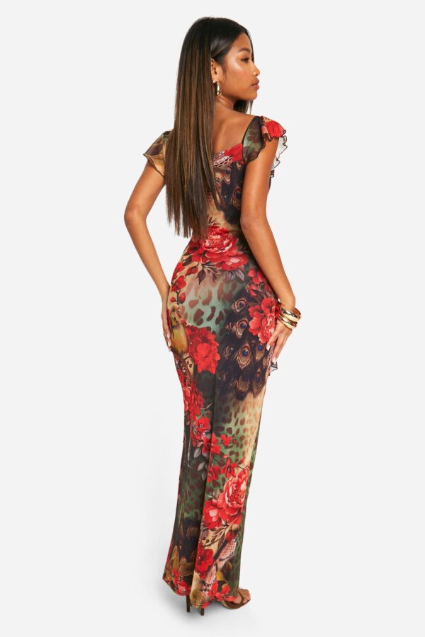 Mixed Leopard Mesh Ruffle Maxi Dress